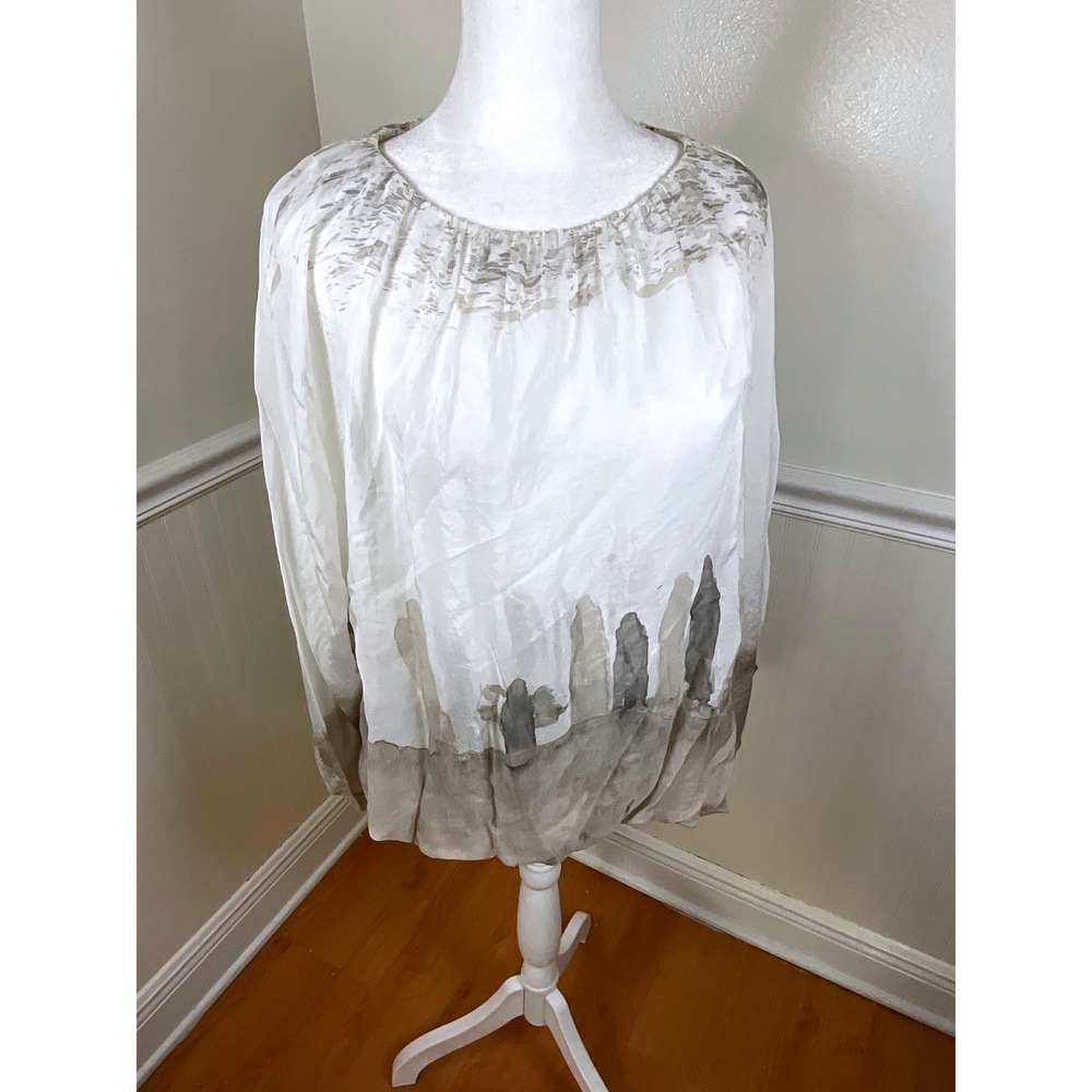 M Made in Italy Sheer Silk Blend Abstract Landscape Print Long Sleeve Top Size S